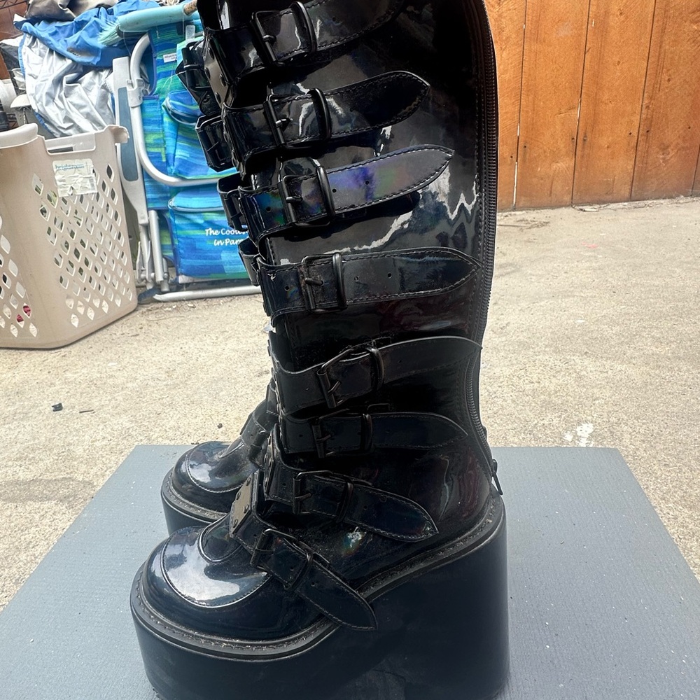 Demonia Holographic Black Platform Buckle Boots